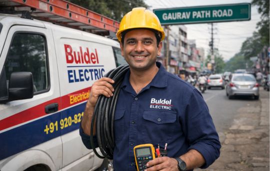 Electricians from Buldel Electric working on electrical repairs on Gaurav Path Road